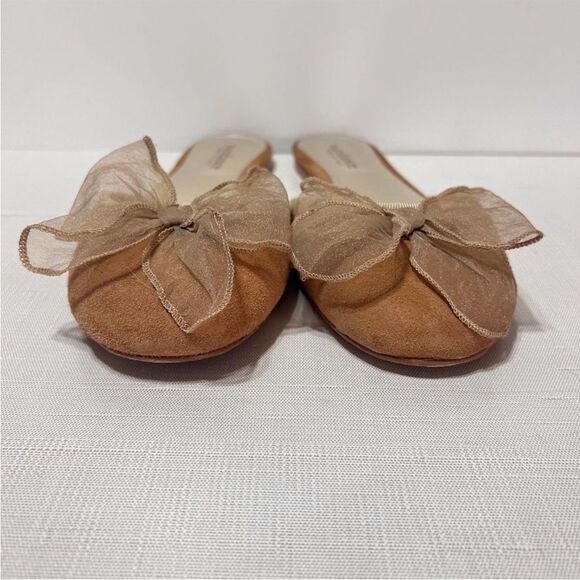 Sundance Karina Suede Mules Flats Slip On Gauze Sheer Bow Camel Tan 38 8 NEW - Picture 3 of 8